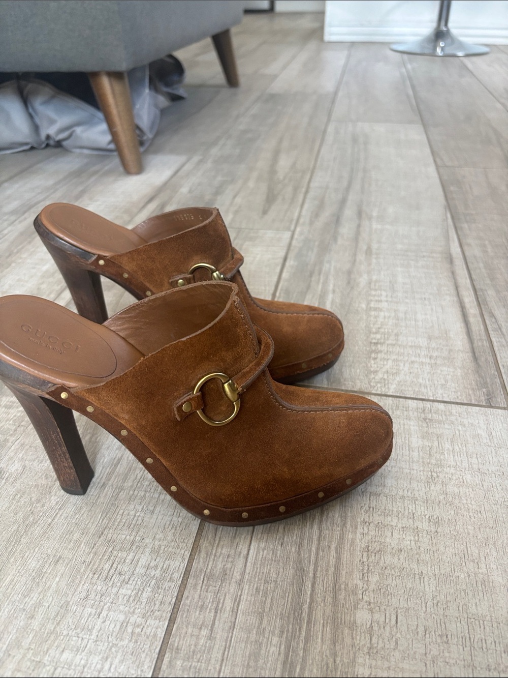 Gucci Brown Suede Horsebit Clog Mules